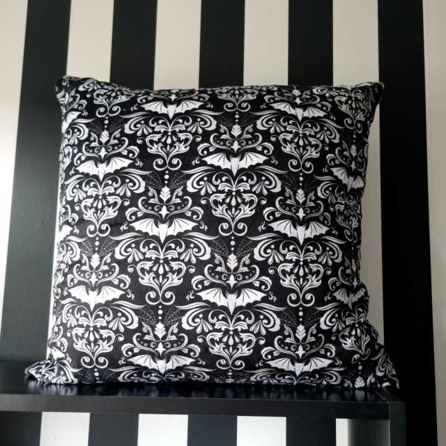 Damask Bats Cushion, Black White Home Decor, Goth Fashion, Alternative, Soft Pillow Cover Throw, Christmas Gift, Halloween, Blue Moth Shop - image 1