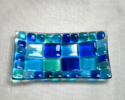 Summer Seas - D1, Mosaic Series, Fused Glass Soap/Trinket Sushi Chocolates Dish in A Range Of Blues. Bathroom Kitchen Bedroom