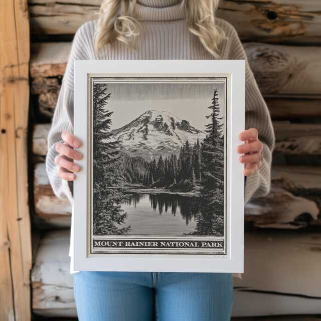 Mount Rainier National Park Lithograph Style Print - Vintage Washington Archival Matte Fine Art Print. Cascade Range Reflection Lake Gift - image 1