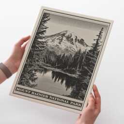 Mount Rainier National Park Lithograph Style Print - Vintage Washington Archival Matte Fine Art Print. Cascade Range Reflection Lake Gift - thumbnail 2