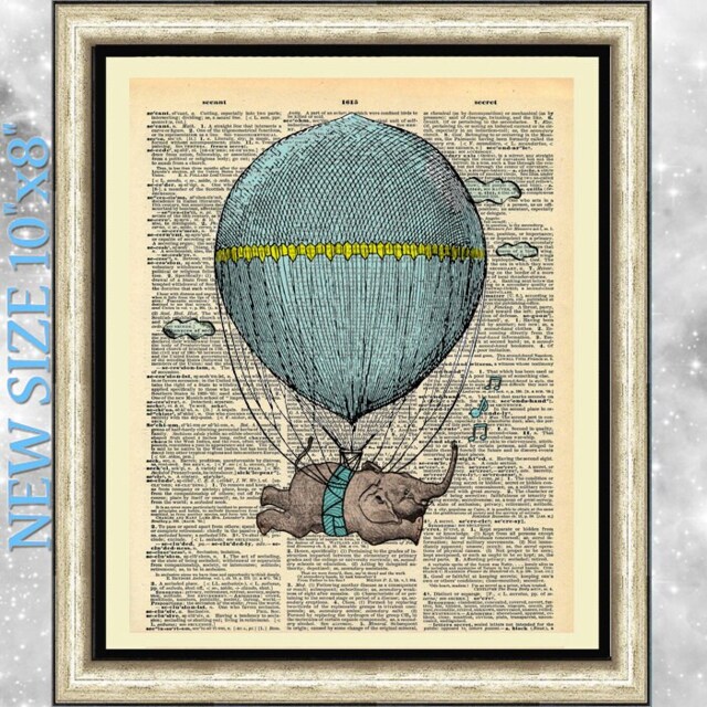 Art Print On Dictionary Book Page Baby Elephant & Air Balloon. Nursery Antique Page. Flying Blue Artwork Poster