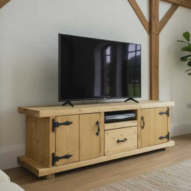Solid Wood Tv Unit With Doors & Drawer, Rustic Large Media Sideboard - image 1
