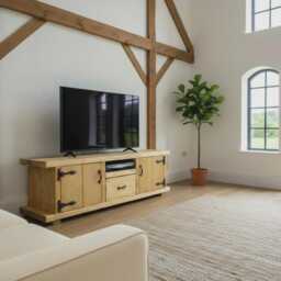 Solid Wood Tv Unit With Doors & Drawer, Rustic Large Media Sideboard - thumbnail 2