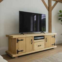 Solid Wood Tv Unit With Doors & Drawer, Rustic Large Media Sideboard