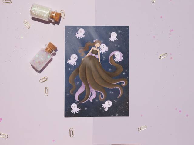 Octopus Mermaid Art Print - Poster Mermay Dreamy Illustration Wall Home Decor & Gifts Original Drawing - A4 A5 A6 - image 1