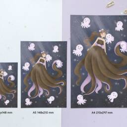 Octopus Mermaid Art Print - Poster Mermay Dreamy Illustration Wall Home Decor & Gifts Original Drawing - A4 A5 A6 - thumbnail 3