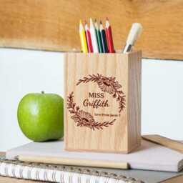 Personalised Teacher Oak Pencil Pot - Sunflower Wreath