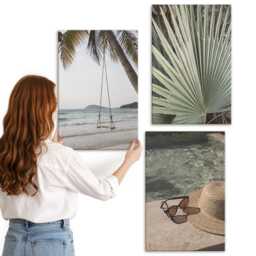 3 Piece Canvas Set - Palm Leaf Swing Beach Vacation, Green Picture Print, Landscapes Wall Decor - thumbnail 3
