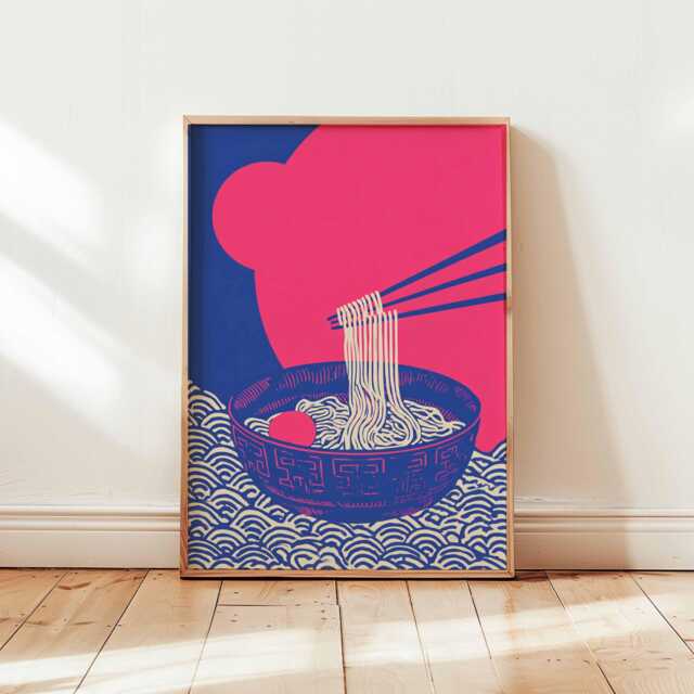 Japanese Ramen Print, Pink Aesthetic Kitchen Wall Decor, Ukiyo-E Foodie Poster, Noodle Art Unique Asian Pop Gift - image 1