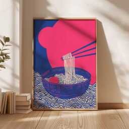 Japanese Ramen Print, Pink Aesthetic Kitchen Wall Decor, Ukiyo-E Foodie Poster, Noodle Art Unique Asian Pop Gift - thumbnail 3