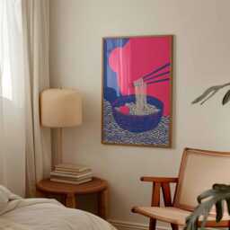 Japanese Ramen Print, Pink Aesthetic Kitchen Wall Decor, Ukiyo-E Foodie Poster, Noodle Art Unique Asian Pop Gift - thumbnail 2