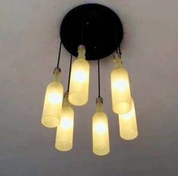 Frosted White Bottle Contemporary Light Fixture - Chandelier Made From 6 Bottles For Home & Bar Lighting - thumbnail 1