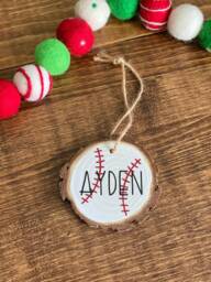 Baseball Ornament - Wood Log Christmas Decor Rustic Personalized Gift Kids Adult