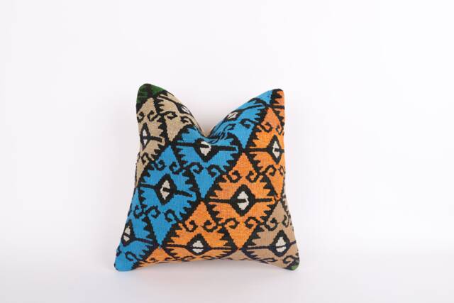 Vintage Turkish Kilim Pillow Cover Handwoven Wool Cushion - 16x16 - image 1