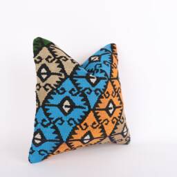 Vintage Turkish Kilim Pillow Cover Handwoven Wool Cushion - 16x16 - thumbnail 3