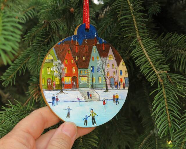 Unique Christmas Ornament, Hand Painted Decorations, Figure Skating Gift, Winter Town Ornament - image 1