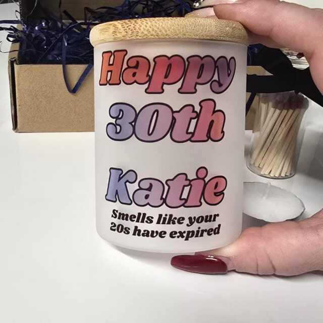 Personalised Frosted Glass Candle Holder With Bamboo Lid - 30Th Birthday Gift Ideas For Her Jar Tealight Candles Matches Striker Set - image 1
