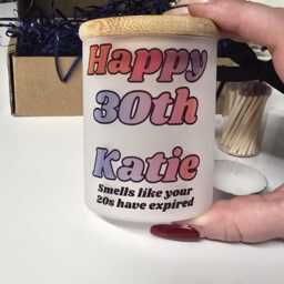 Personalised Frosted Glass Candle Holder With Bamboo Lid - 30Th Birthday Gift Ideas For Her Jar Tealight Candles Matches Striker Set - thumbnail 1