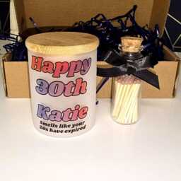 Personalised Frosted Glass Candle Holder With Bamboo Lid - 30Th Birthday Gift Ideas For Her Jar Tealight Candles Matches Striker Set - thumbnail 3