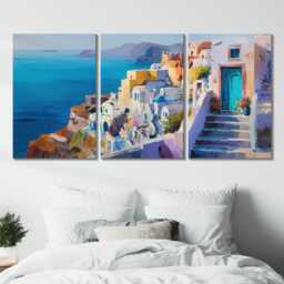 Santorini Greece Cliffside 3 Panel Split Canvas Wall Art Summers Day Summer Cityscape Oil Painting Framed Home Decor - thumbnail 2