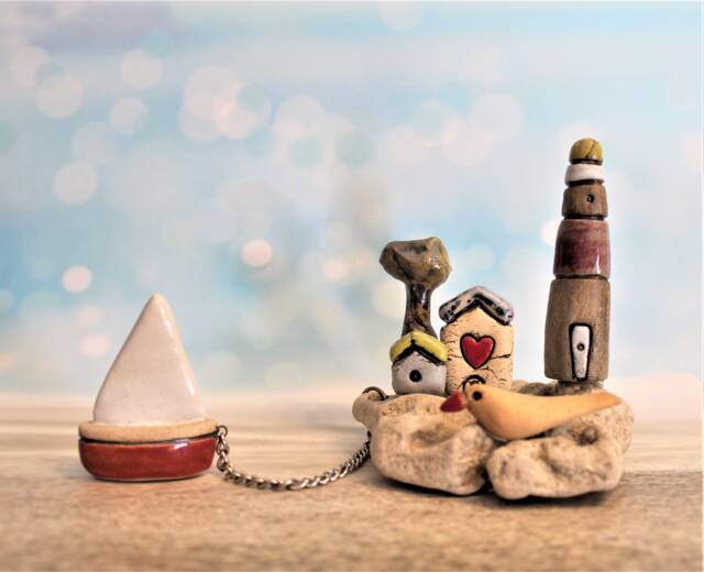 Handmade Ceramic Sculpture Of A Little Village With Houses, Lighthouse, Tree, Bird & Miniature Boat, Whimsical Gift Art - image 1