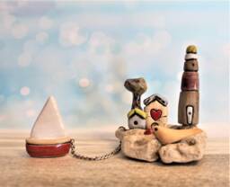 Handmade Ceramic Sculpture Of A Little Village With Houses, Lighthouse, Tree, Bird & Miniature Boat, Whimsical Gift Art