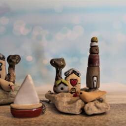Handmade Ceramic Sculpture Of A Little Village With Houses, Lighthouse, Tree, Bird & Miniature Boat, Whimsical Gift Art - thumbnail 4