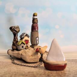 Handmade Ceramic Sculpture Of A Little Village With Houses, Lighthouse, Tree, Bird & Miniature Boat, Whimsical Gift Art - thumbnail 3