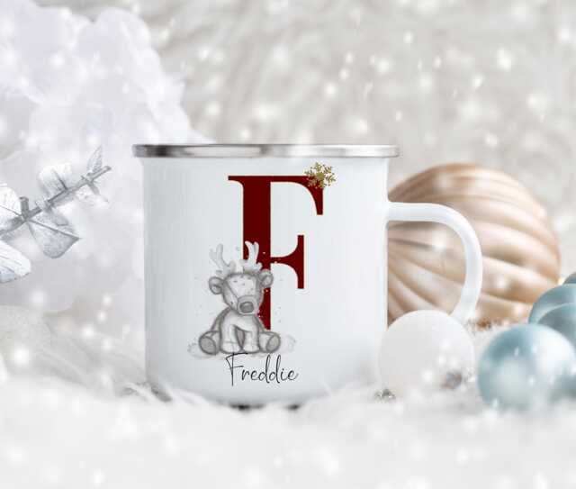 Personalised Children's Christmas Mug, Gift, Enamel Reindeer Cup