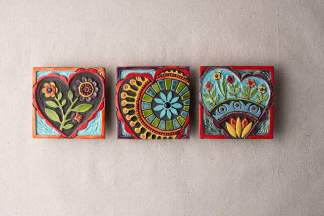Happy Hearts Set Of Three, Handmade Ceramic Tiles, Square Wall Art - Made To Order - image 1