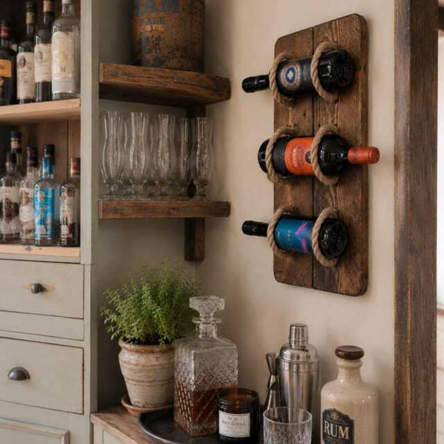 Rustic Reclaimed Wood Wine Rack Wall Mounted Rope Bottle Holder - image 1