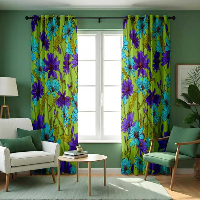 Bright Green Floral Curtains, Blue & Purple Flower Drapes, Custom Made Window Panels, Eyelet Or Rod Pocket, Bold Botanical Decor - image 1