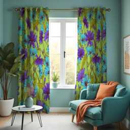 Bright Green Floral Curtains, Blue & Purple Flower Drapes, Custom Made Window Panels, Eyelet Or Rod Pocket, Bold Botanical Decor - thumbnail 2