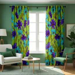 Bright Green Floral Curtains, Blue & Purple Flower Drapes, Custom Made Window Panels, Eyelet Or Rod Pocket, Bold Botanical Decor