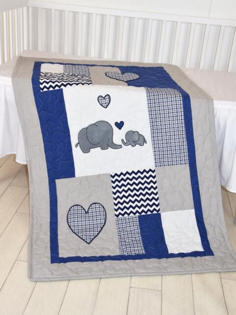 Elephant Baby Blanket, Navy Gray Crib Quilt, Chevron Kids Bedding, Toddler Patchwork Bespread - image 1