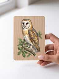 Barn Owl Art Print - Vintage Illustration Wall Bird Of Prey Pine Wooden Postcard Gift - thumbnail 1