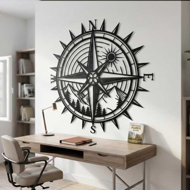 Compass Metal Wall Art, Mountain Forest Nature Decor, Adventure Traveler Gift, Large Rose - image 1