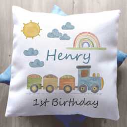 Personalised Baby Name Cushion Train Nursery Decor, Christening Gift - thumbnail 1