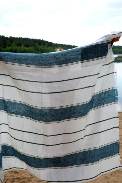 Handmade Linen Beach Blanket Large Striped Towel With Zipper Pocket - image 1