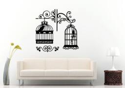 Two Bird Cages Hanging With Birds Inside Wall Decal Vinyl Sticker Mural Room Decor L957 - thumbnail 1