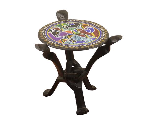 Handcarved Dark Wood African Stool, Beaded Animal Motif, Detachable Stand - image 1