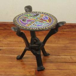 Handcarved Dark Wood African Stool, Beaded Animal Motif, Detachable Stand - thumbnail 2