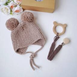 Newborn Baby Boy Gift Box, Lion Basket, Mom To Be Set, Beige Bonnet, Rattle, Hand Knitted Hat For Newborn - thumbnail 4