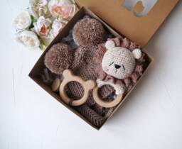 Newborn Baby Boy Gift Box, Lion Basket, Mom To Be Set, Beige Bonnet, Rattle, Hand Knitted Hat For Newborn