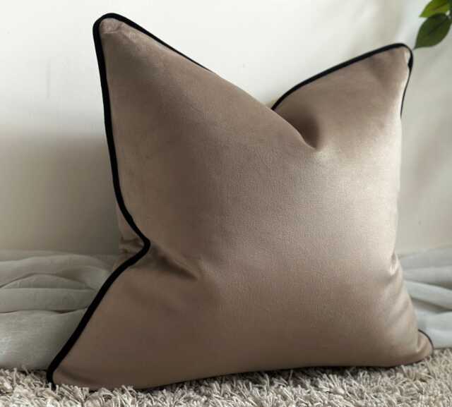 Luxury Beige Taupe Velvet Cushion - Throw Pillows With Fringe Or Piped Edge, Long Lumbar, Square, Rectangle For Sofa, Bed - image 1