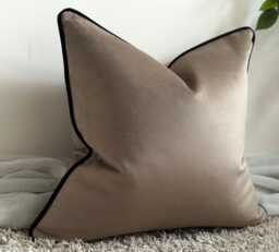 Luxury Beige Taupe Velvet Cushion - Throw Pillows With Fringe Or Piped Edge, Long Lumbar, Square, Rectangle For Sofa, Bed