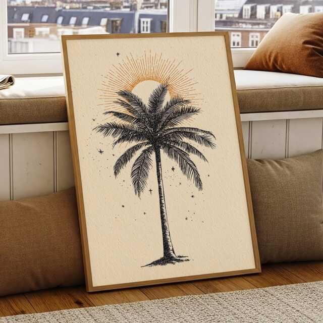 Palm Tree Line Art Vintage Sun Illustration Boho Tropical Neutral Print Minimal Beach Decor Poster Framed Canvas - image 1