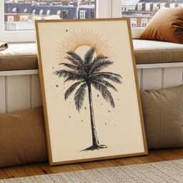 Palm Tree Line Art Vintage Sun Illustration Boho Tropical Neutral Print Minimal Beach Decor Poster Framed Canvas - thumbnail 1