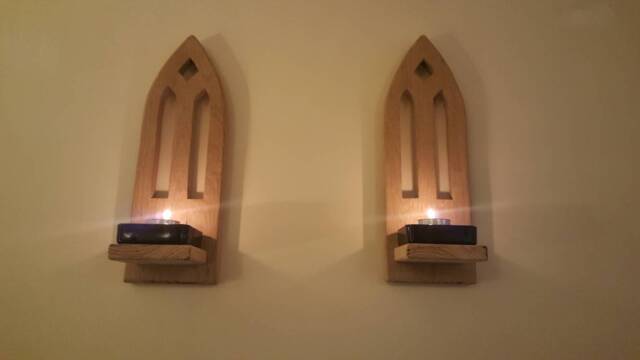 Wooden Candle Sconces Gothic - Pair Handmade Solid Oak .shellaced & Waxed .candles /Glass Etc Not Included - image 1