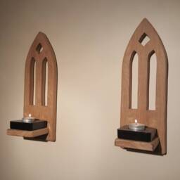 Wooden Candle Sconces Gothic - Pair Handmade Solid Oak .shellaced & Waxed .candles /Glass Etc Not Included - thumbnail 2